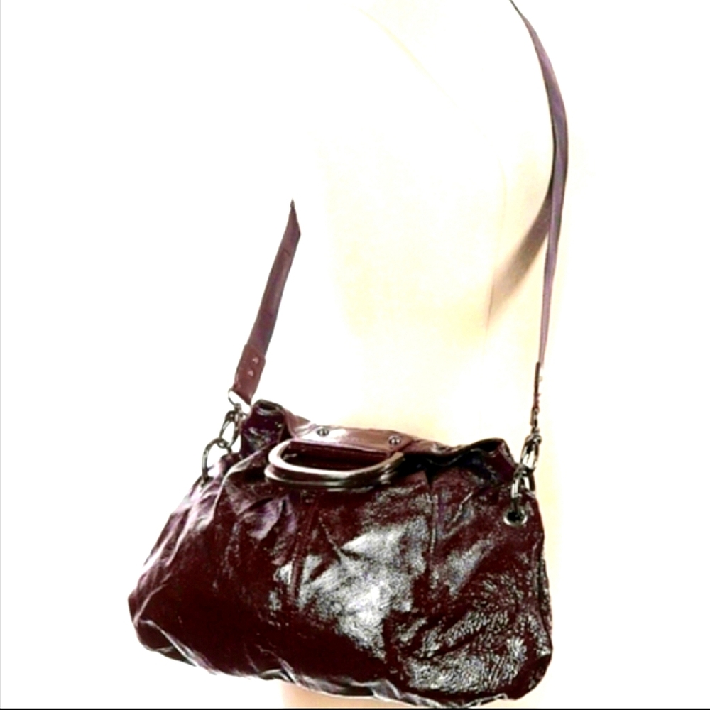 HOBO Int'l Genuine Patent Leather DK Brown/Burgandy Crossbody & Handbag Satchel